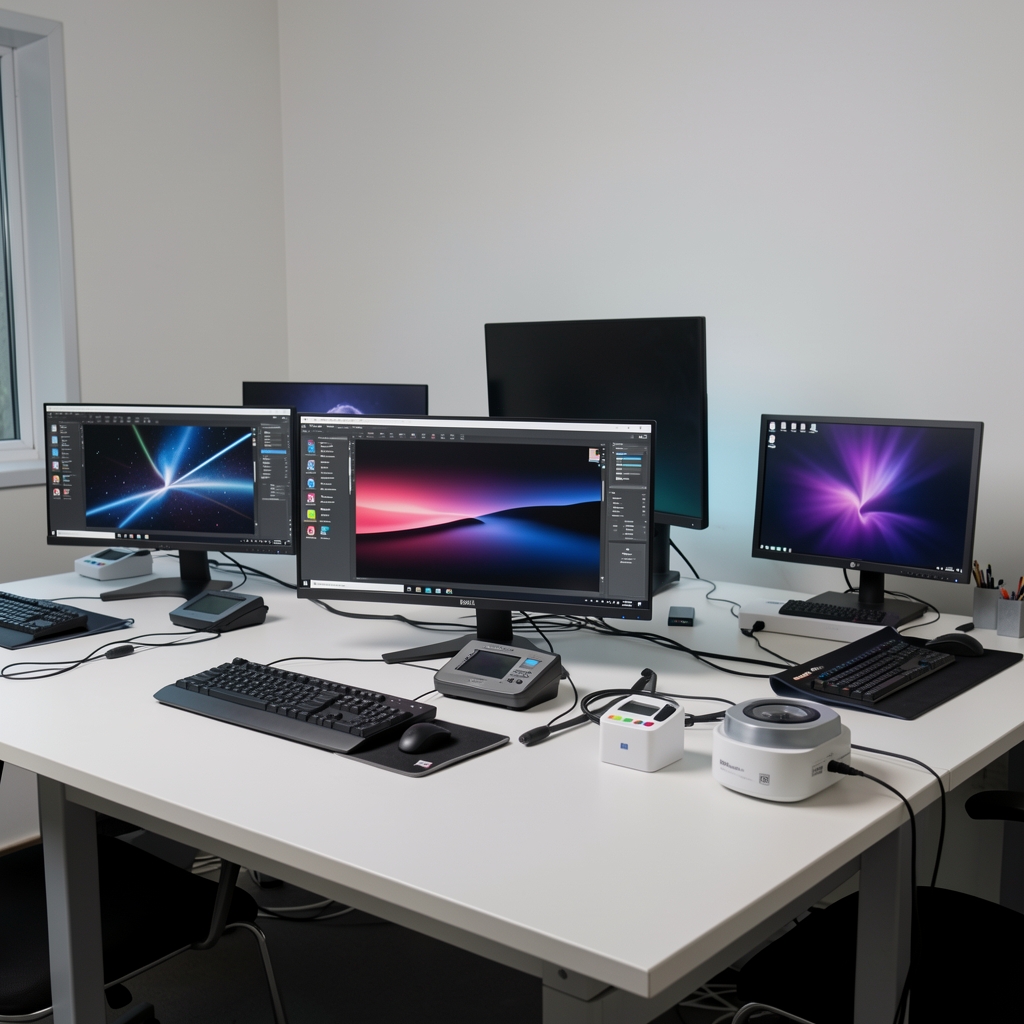Cinci monitoare profesionale aranjate în studio tehnic de testare: LG 27UL850, Dell UltraSharp U2722D, Samsung ViewFinity S8, BenQ PD2706UA și Asus ProArt PA279CRV, pe birouri de testare cu instrumente de calibrare colorimetrice